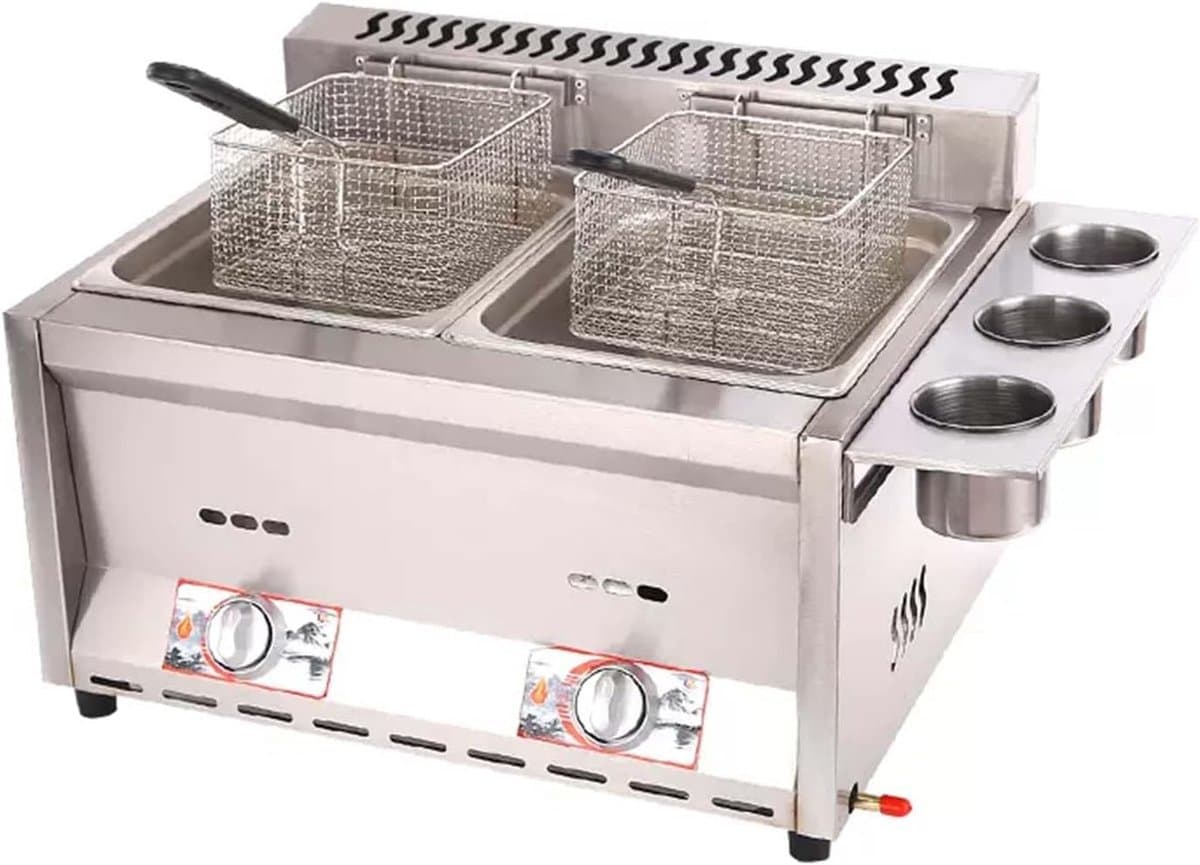 Gas Friteuse - Dubbele Cilinder - Professioneel Frituren - Verstelbare Vuurkracht - 45x56x35 cm - Zilver — afbeelding 1