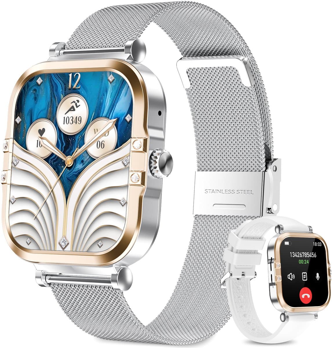 RAYOFI - Smartwatch - Nieuwe damessmartwatch 2026 - 1,75-inch sporthorloge - Met telefoonfunctionaliteit - Dubbele bandjes - Volledig touchscreen - Vierkant ontwerp - Stijlvol damessporthorloge - Zilver - Compatibel met Android 4.4+ / iOS 10.0+ — afbeelding 1