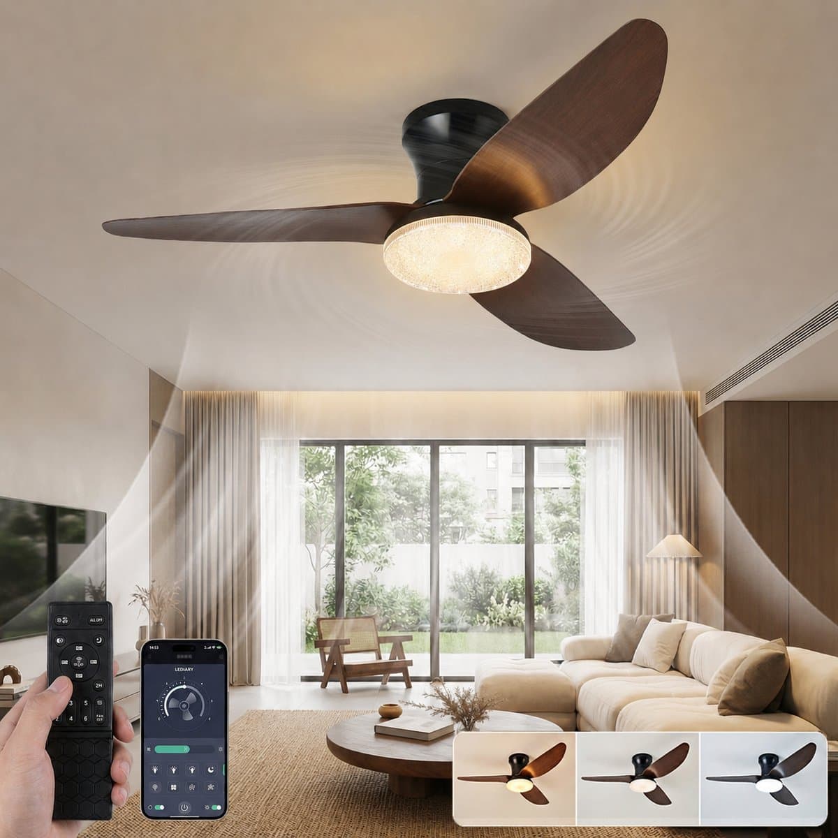 MUPOO Houtlook plafondventilator met verlichting 3 blad Ø100cm - Stil & Dimbaar - Zomer en Winterstand-Smart App & Afstandsbediening -6 Snelheden & Geheugen- Timer- plafondventilator slaapkamer Voor Eetkamer / Kantoor -Kristallen lampenkap — afbeelding 1