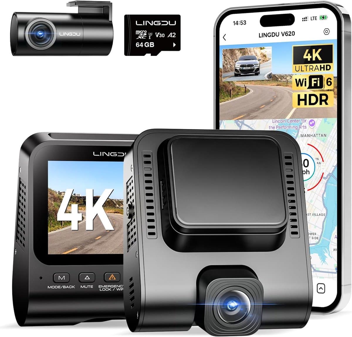 Auto Camera - Dashcam Voor Achter - Veilig Rijden Vastleggen - 4K Resolutie Nachtzicht - Met 64GB Kaart - Zwart — afbeelding 1