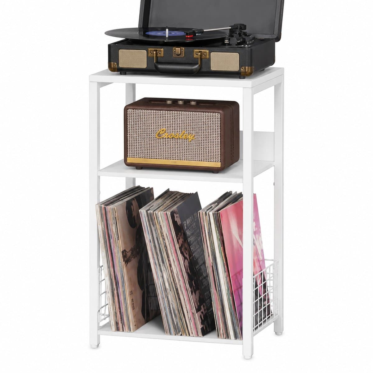 LP Opbergsysteem - Wit - Tot 100 Platen - Stevig Hout & Metaal - 65 x 40 x 30 cm (H x B x D) - Platenspeler Meubel - Platen Houder - Vinyl Kast / Tafel - Standaard - Platenrek - Platenhouder - Platenkast — afbeelding 1