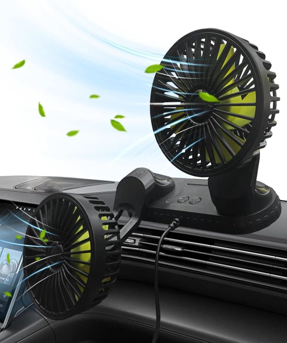 KZQ Draagbare Autoventilator Met Dubbele Kop Usb Aansluiting Voor Dashboard 3 Standen Krachtige Autofan 360 Graden Draaibaar — afbeelding 1