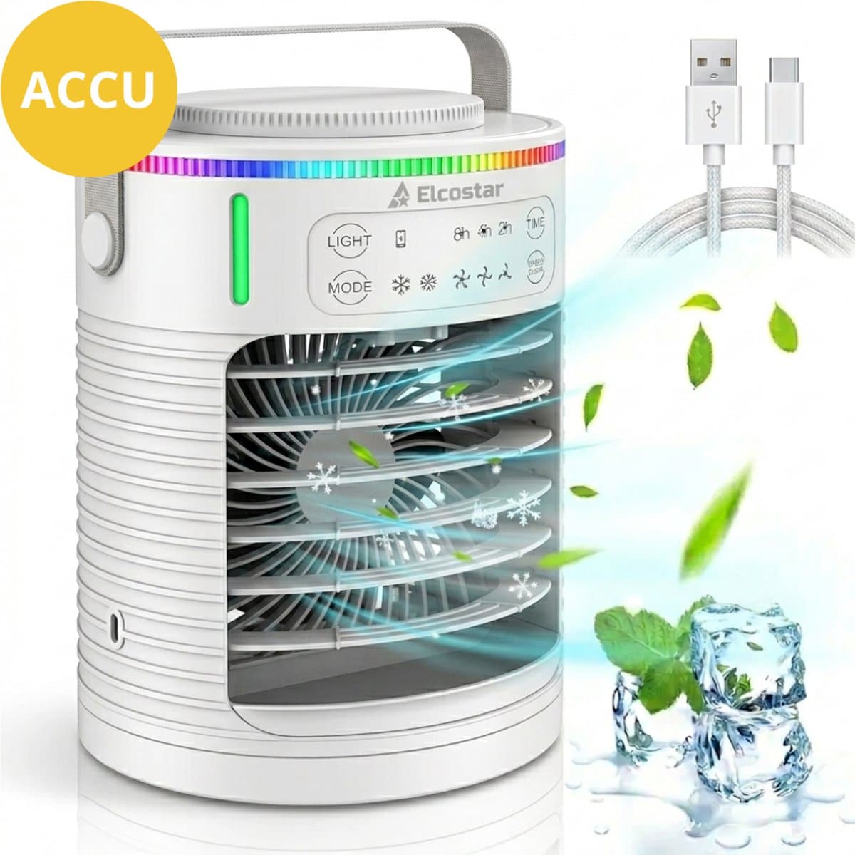 Elcostar® PRO Portable Airco met Accu - Mini Airco - 2026 Model - Mobiele Airco - Luchtkoeler 4-in-1 - 4 windsnelheden, 2 luchtbevochtingsstanden & Timer - Aircooler - Draagbare Airco - Lekvrij - Airco - Ingebouwde Accu - Wit — afbeelding 1