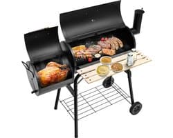 COSTWAY Houtskoolgrill met deksel, grillwagen met wielen, zijvuurbox, zijtafel, plank, houten handgrepen, thermometer, houtskoolgrill voor camping, terras, tuin