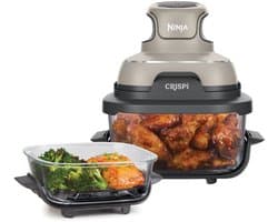 Ninja CRISPi 4-in-1 compact glazen kooksysteem - Airfryer, Roast, Recrisp, Keep Warm - Inclusief twee glazen schalen van 3.8L en 1.4L en bijpassende deksels - 2 Crisper-Plates - Grijs - FN101EUST