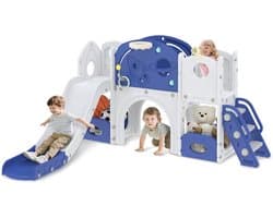 8-in-1 kinderglijbaan voor peuters jaar, binnen en buiten, vrijstaande glijbaan van HDPE en PP, met klimladder, tunnel, opbergruimte, basketbalkorf en speeltelescoop, tot 50 kg