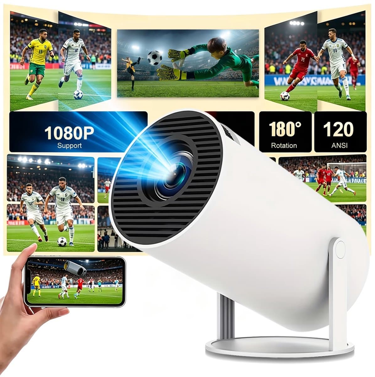 Mini Projector met WiFi & Bluetooth 5.1 – Mini Beamer 720P Native, Ondersteunt 1080P Full HD – Draagbare Projector met 180° Draaibaar Design – Thuisbioscoop Beamer, Home Cinema & Filmprojector voor Slaapkamer, Woonkamer & Buiten — afbeelding 1