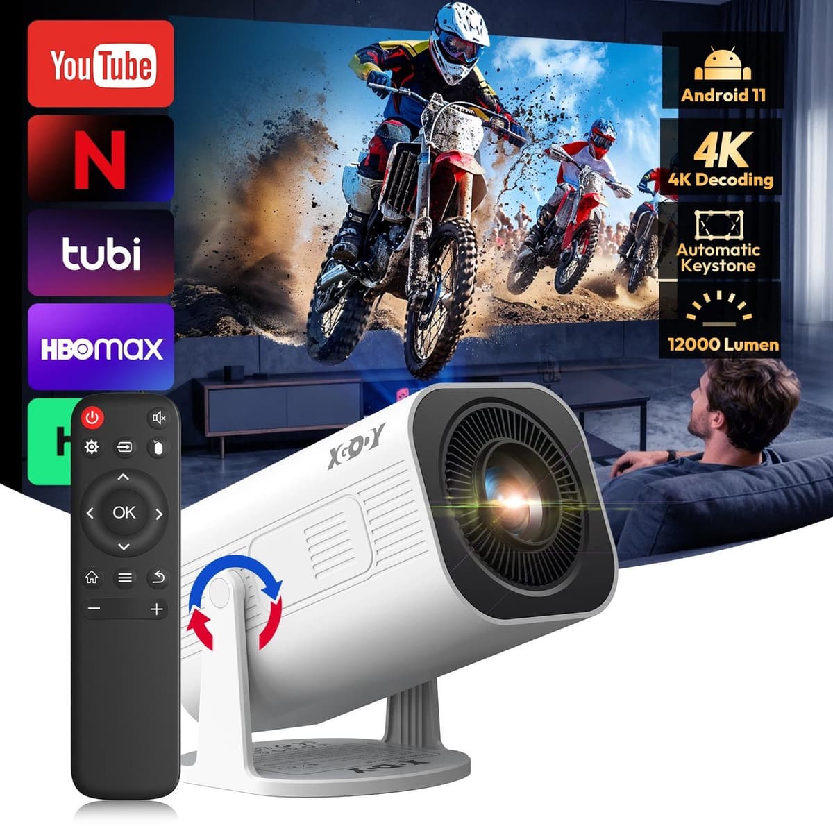 Chelsey-store - Projector 300 ANSI 4K Mini Beamer - Projectiegrootte van 101,6 - 304,8 - Ideaal voor Thuisbioscoop - Compact Design - HDMI en USB Poorten - 4K Mini Beamer met Android 11 - Wit/Zwart — afbeelding 1