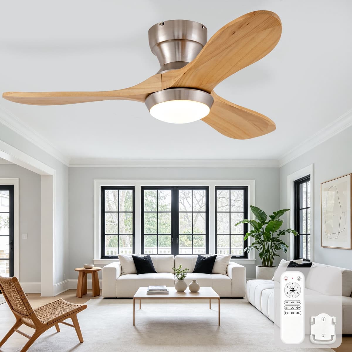 MIVRAY Plafondventilator – 90 Cm – Omkeerbare Gelijkstroommotor Met 6 Snelheden – Hout – Natuurlijk – Geluidsarme Ventilatie Voor Lage Plafonds — afbeelding 1