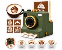Koffie Printer - 3D Latte Art Maker - Cappuccino Sjabloon - Retro Camera Poederverdeler - Geprint (9.5x9.5x12 cm) - 4 Sjablonen (Cupcake, Croissant, Roos & Latte Art) - Geschikt voor Koffie & Taart - Groen