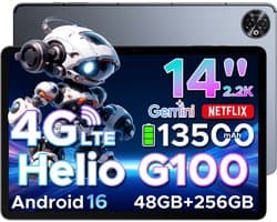 DOOGEE Tab E3 Max - Tablet - 48GB ROM+256GB ROM(2TB TF)- Android 16 - 14 inth IPS - 4G LTE - Gemini AI - Helio G100 - 13500mAh/18W - Quad Speakers - Face ID - 5G Wi-Fi - A GPS - GPS - Grijs