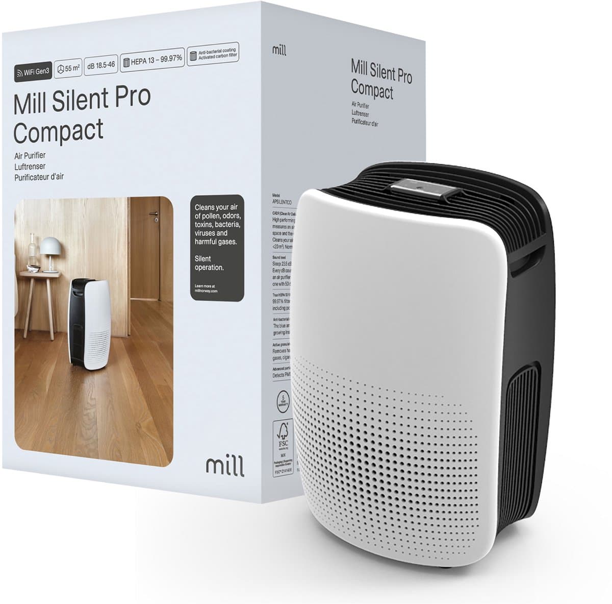 Mill Silent Pro Compact – Luchtreiniger – HEPA 13 – voor ruimtes tot 55 m² – WiFi – slechts 18,5 dB – 5 jaar garantie - Wit — afbeelding 1