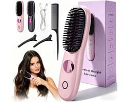 Draagbaar, draadloos, elektrisch, anti-verbranding, verwarmingsborstel met lcd-display, oplaadbaar, voor alle haartypes, geschikt voor reizen en thuis (roze)