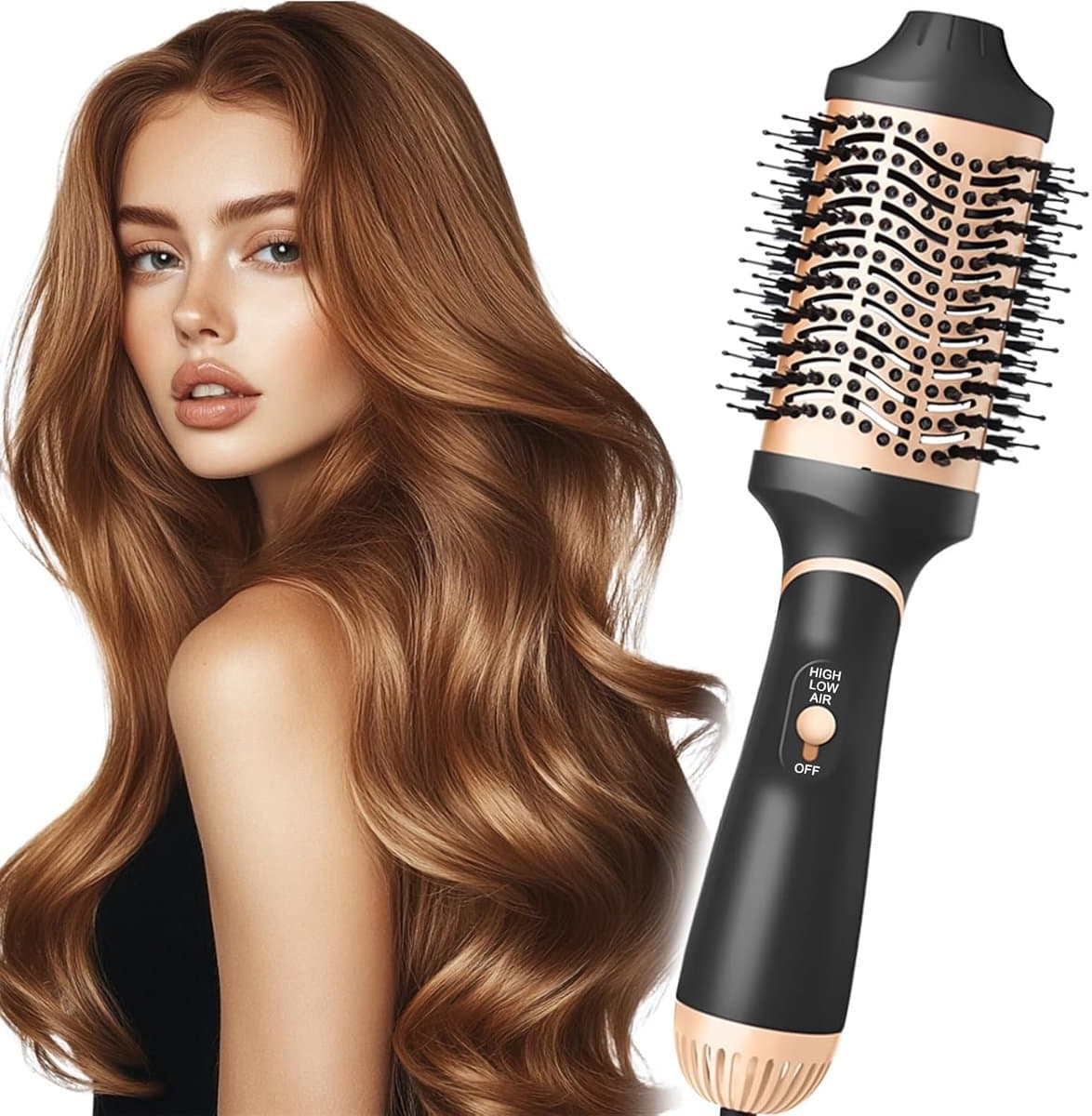 Haardrogerborstel, 1000 W, 4-in-1 negatieve ionen, heteluchtborstel, 3 temperaturen en 2 debietniveaus, keramische kop, kabel 360 graden, snelle kapsels, geen krullen, stralend volume — afbeelding 1