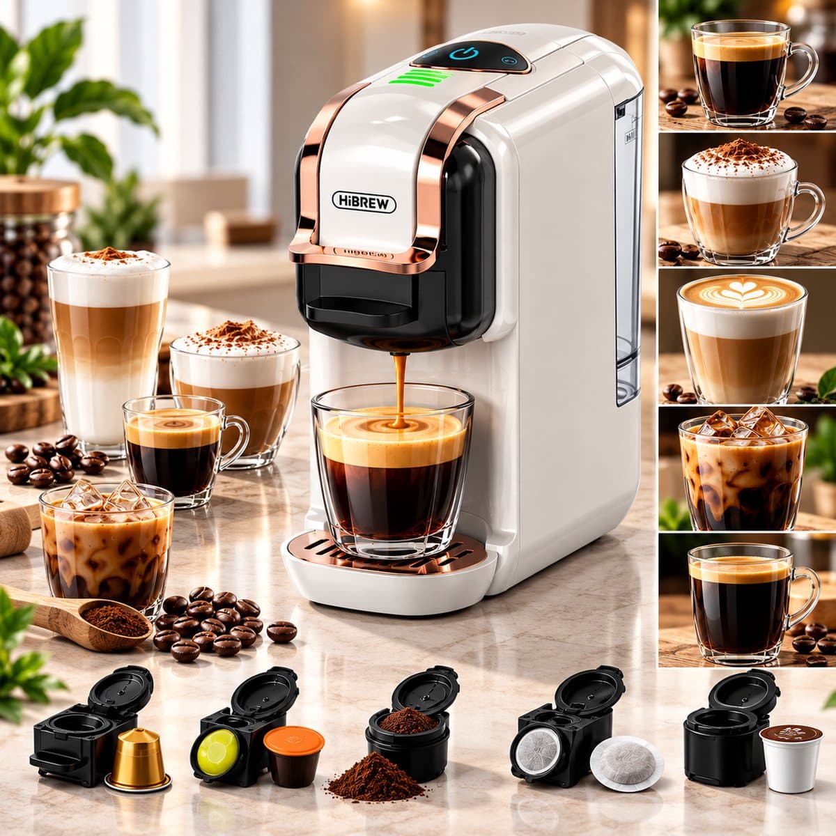 HiBREW 5-in-1 Espresso Machine – Koffiezetapparaat voor Nespresso®, Dolce Gusto®, K-Cup®, ESE & Gemalen Koffie – Hot & Cold – Wit/Rosegoud — afbeelding 1