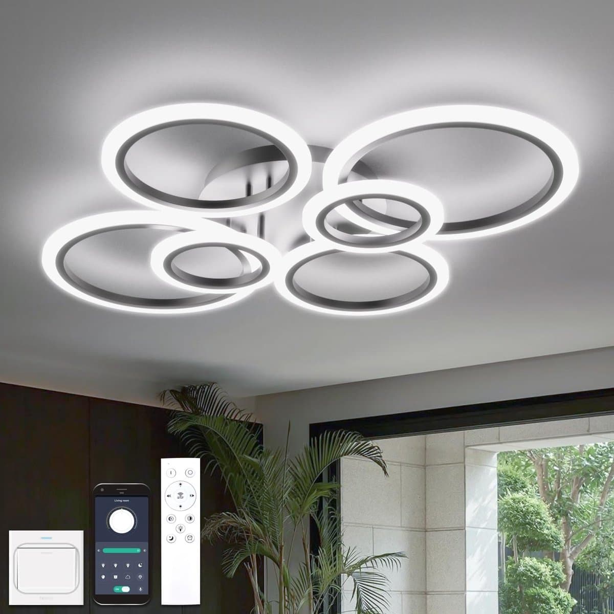 6 Ringen Plafondlamp - Zwart - Smart lamp - Dimbaar Met Afstandsbediening & APP - Moderne Ringen Lamp - Kroonluchter — afbeelding 1