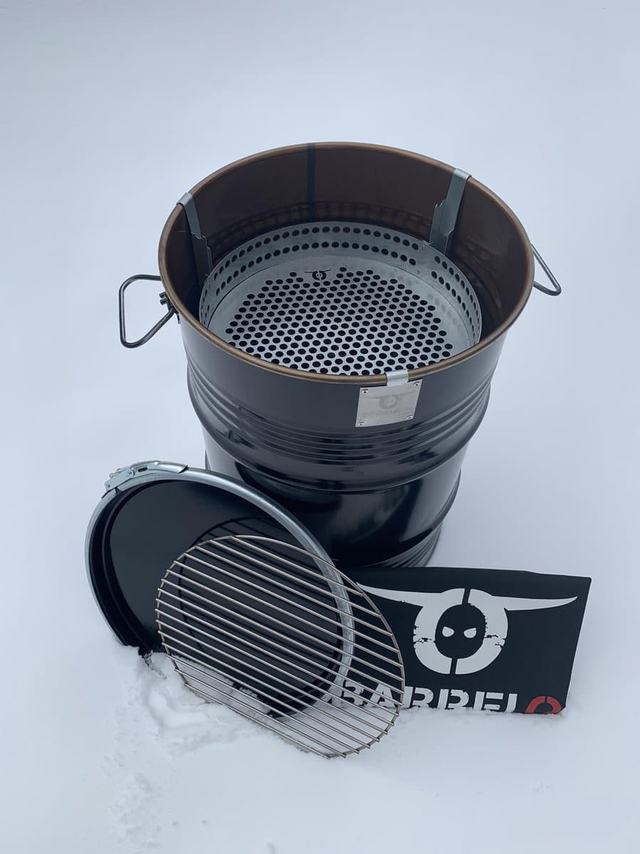BarrelQ Small - Houtskoolbarbecue - Zwart Staal - Ø40x58 cm - 60L Olievat - Vuurkorf & Bijzettafel in 1 - Inclusief Beschermhoes — afbeelding 1