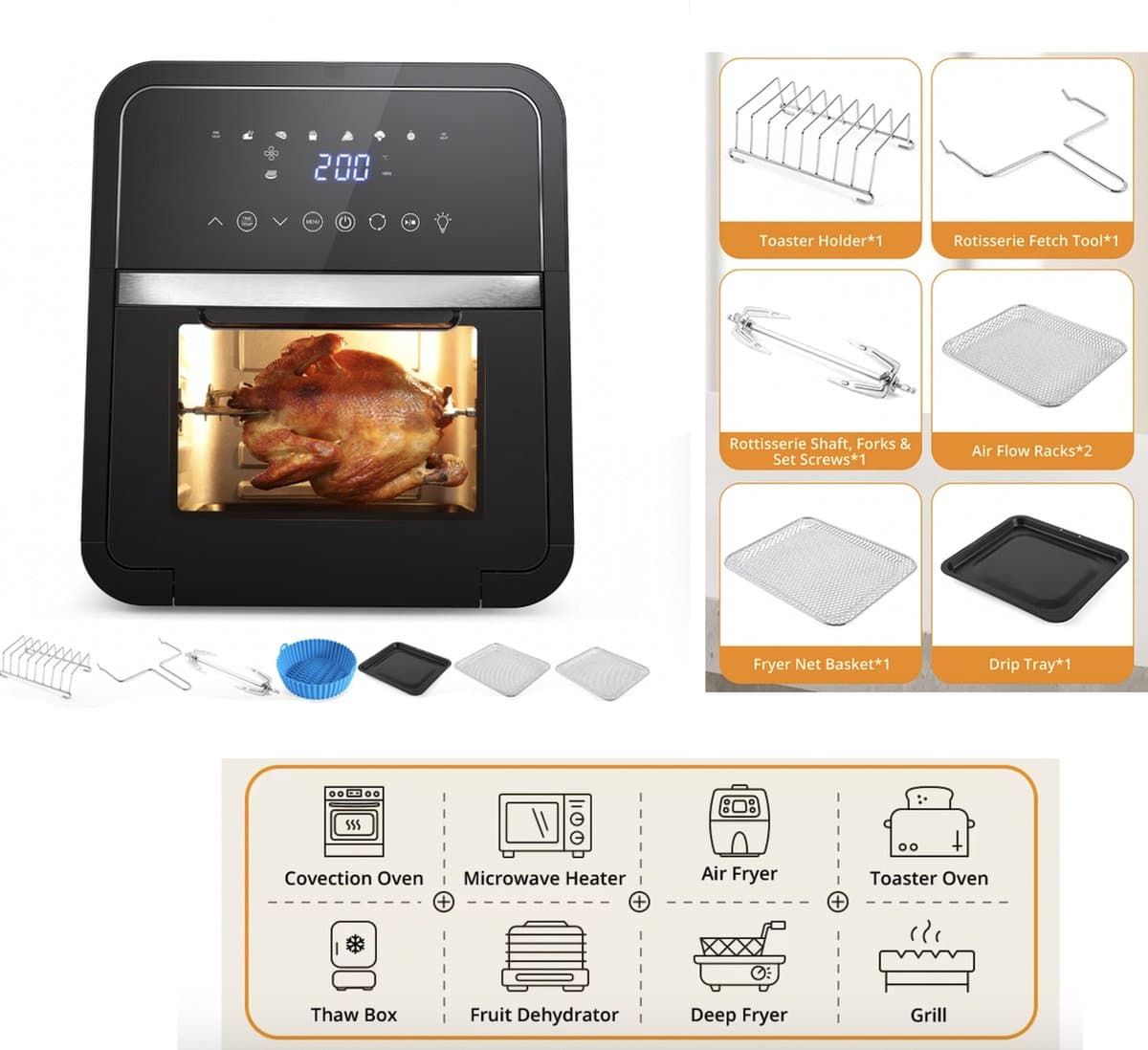 J&R Luchtfriteuse - Broodrooster oven - Airfryer - Braden - Bakken - Grill - Opwarmen - 12 Liter - Touchscreen - Groot - Zwart — afbeelding 1