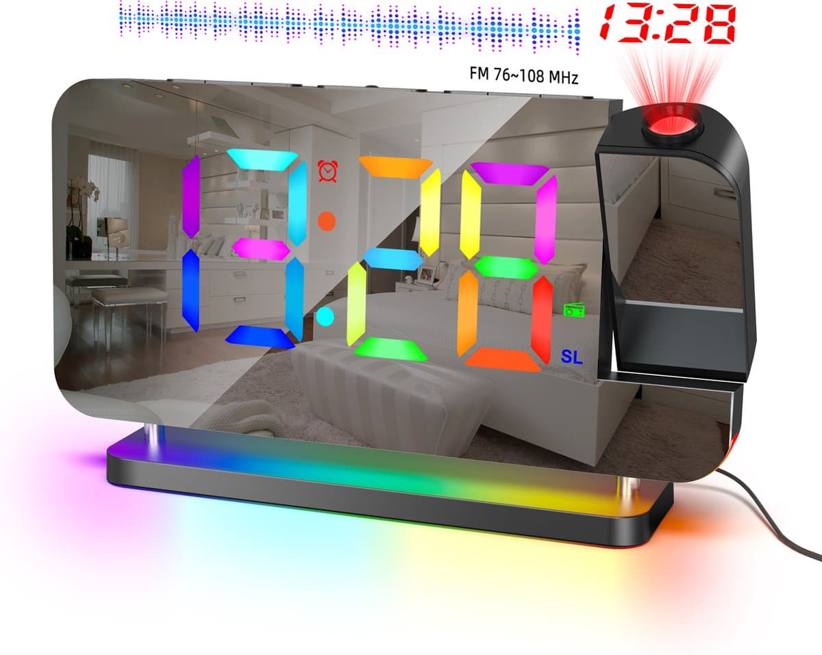 J&D supplies Digitale Wekkerradio - Zwart - Digitale LED klok - Digitale Wekker - Kinderwekker - Wekkerradio kinderen - Wekker met Projectie - Klokradio — afbeelding 1