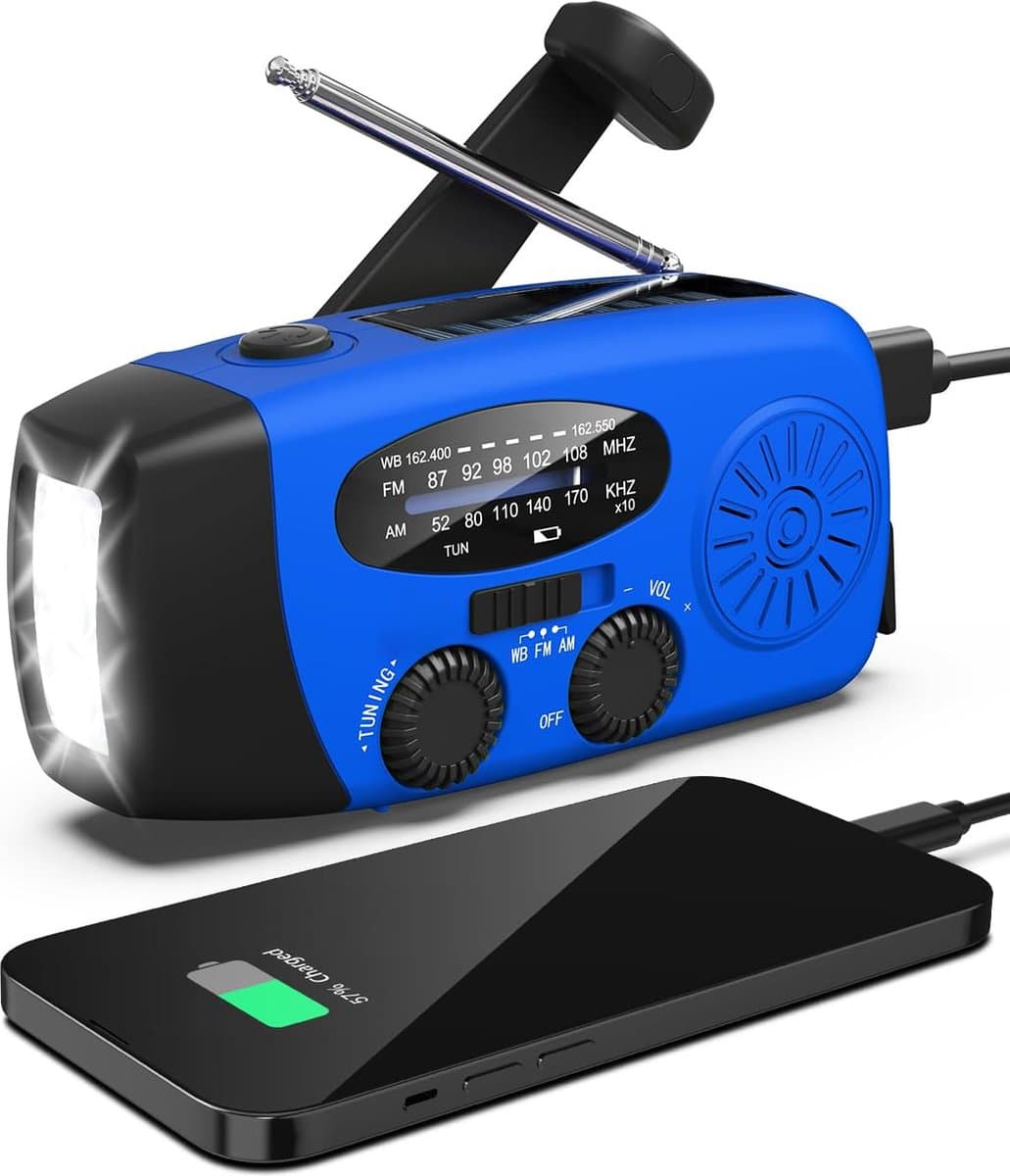 Radio Op Batterijen (Accu) Voor Rampen - Radio Opwindbaar - Noodradio - Noodradio Solar Opwindbaar - Multifunctionele Noodradio - Survival Radio - Zaklamp / Powerbank - Noodpakket - Noodrantsoen - Voor Rampen - Voor Camping - Draagbare Radio - Blauw — afbeelding 1