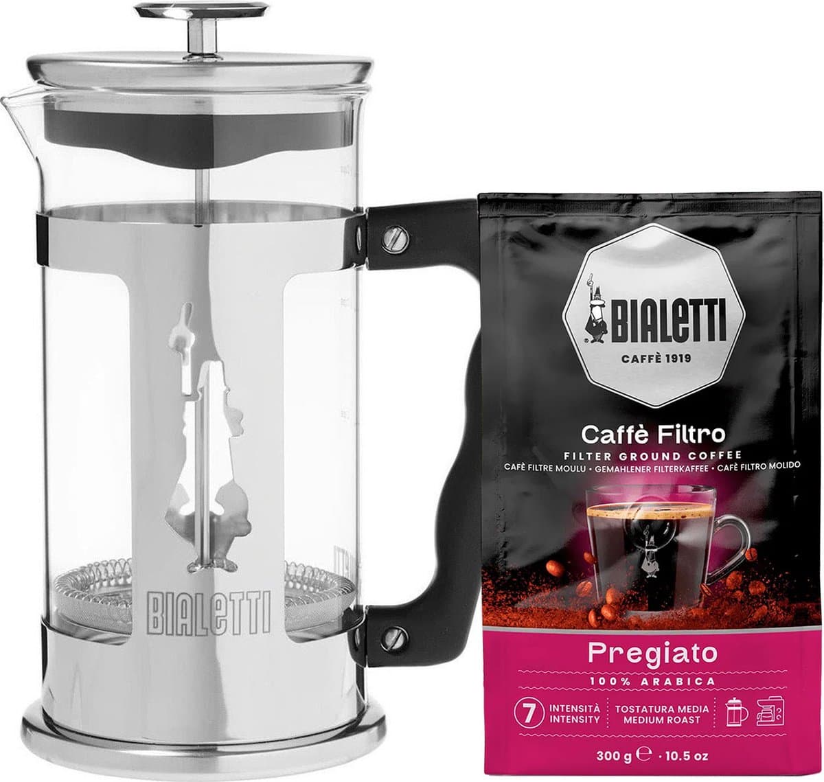 Bialetti French Press Preziosa 350ml + Bialetti Pregiato Gemalen Filterkoffie 300 gram — afbeelding 1