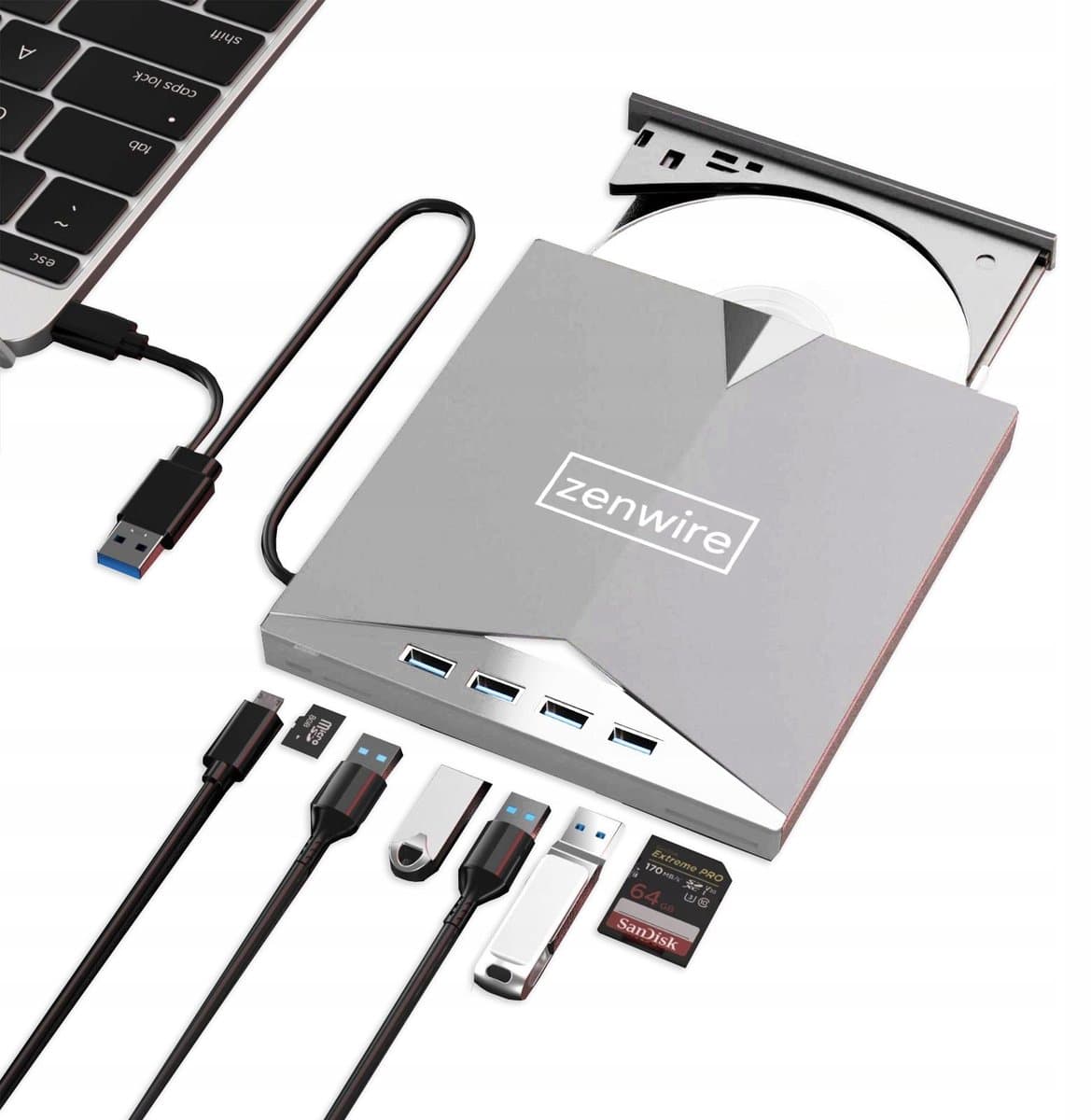Zenwire H61 - Draagbaar extern station - CD-lezer - DVD-speler Schijfbrander - HUB 7in1 USB-C 3.0 - 4xUSB 2.0 - SD/Micro SD-kaartlezer - Plug & Play - stille werking - Brede compatibiliteit — afbeelding 1