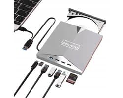 Zenwire H61 - Draagbaar extern station - CD-lezer - DVD-speler Schijfbrander - HUB 7in1 USB-C 3.0 - 4xUSB 2.0 - SD/Micro SD-kaartlezer - Plug & Play - stille werking - Brede compatibiliteit