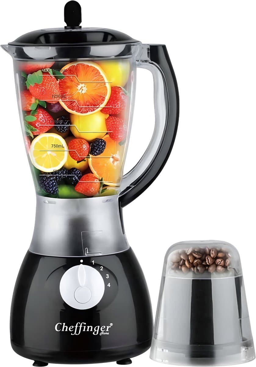 Cheffinger, Blender 1,5L 1000W met 4 Snelheden en Hakmolen 6 Roestvrijstalen Messen, Zwart — afbeelding 1