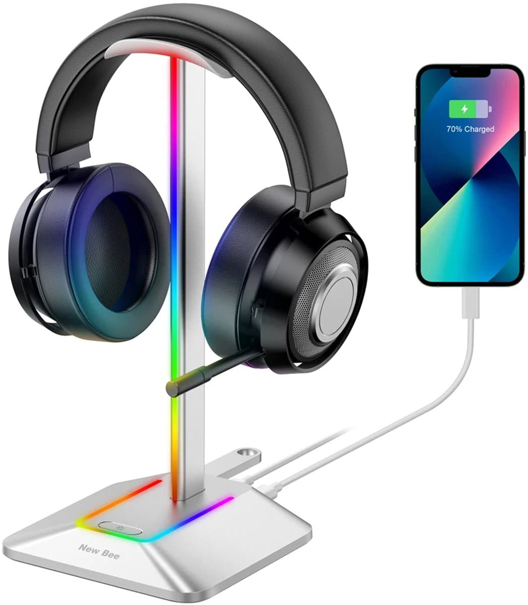 New Bee Z8 RGB Gaming Headset Houder – Koptelefoon Standaard met USB-C Poort – Laadt 2 Apparaten Tegelijk – Headset Stand met Verlichting – Universeel voor Gaming & Werkplek(zilver) — afbeelding 1