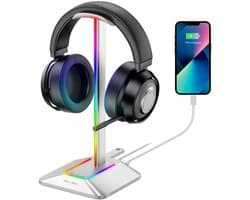 New Bee Z8 RGB Gaming Headset Houder – Koptelefoon Standaard met USB-C Poort – Laadt 2 Apparaten Tegelijk – Headset Stand met Verlichting – Universeel voor Gaming & Werkplek(zilver)