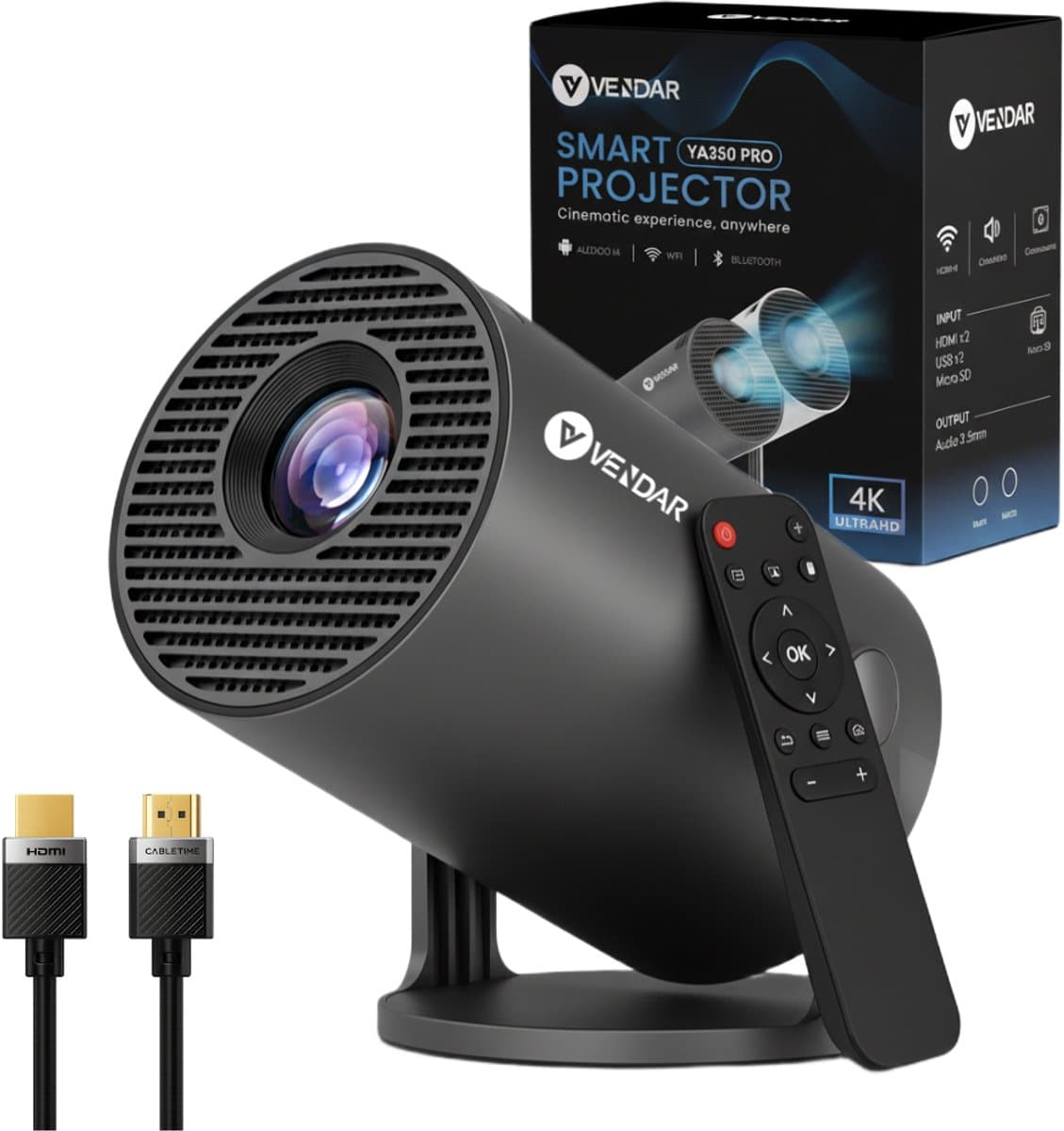 Vendar® YA350 Pro Mini Beamer 2025 – 350 ANSI Lumen – Inclusief HDMI Kabel - Smart Projector met 4K-ondersteuning – Geïntegreerd Android 14 – WiFi 6 & Bluetooth 5.4 – Voor iOS & Android – Thuisbioscoop – Zwart — afbeelding 1