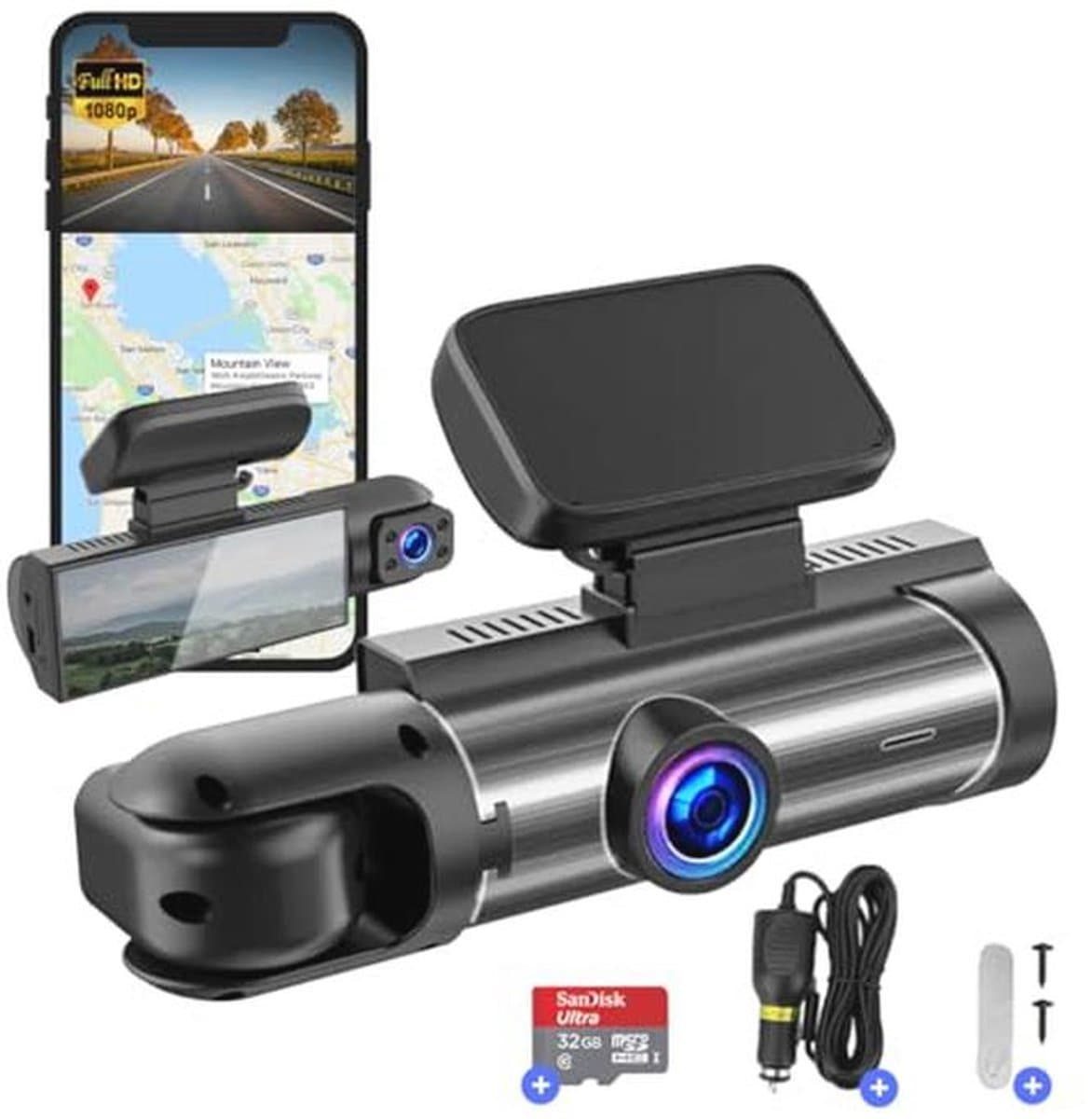 Dashcam voor auto - Dual Lens - WIFI & APP - Full HD - 170° Groothoek - Beweging Detectie & Parkeer Modus - G-Sensor - Loopopname - Micro SD 32GB — afbeelding 1