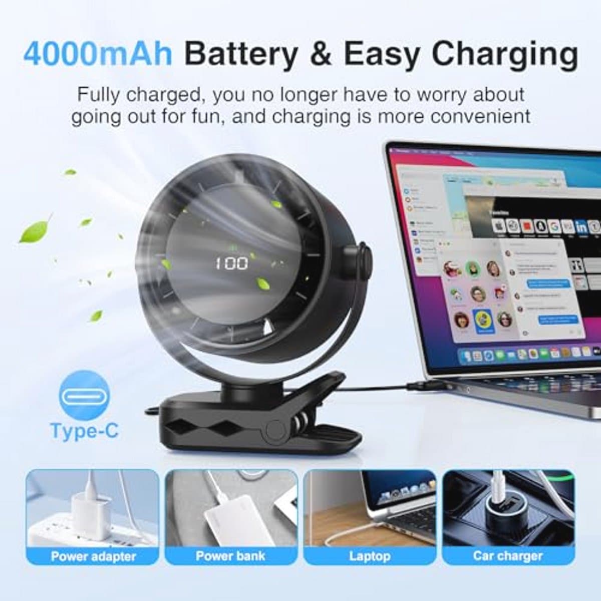 Draagbare USB Mini Desk Fan - 4000mAh, LED Scherm, 5 Snelheden, 360° Rotatie, Hangclip — afbeelding 1