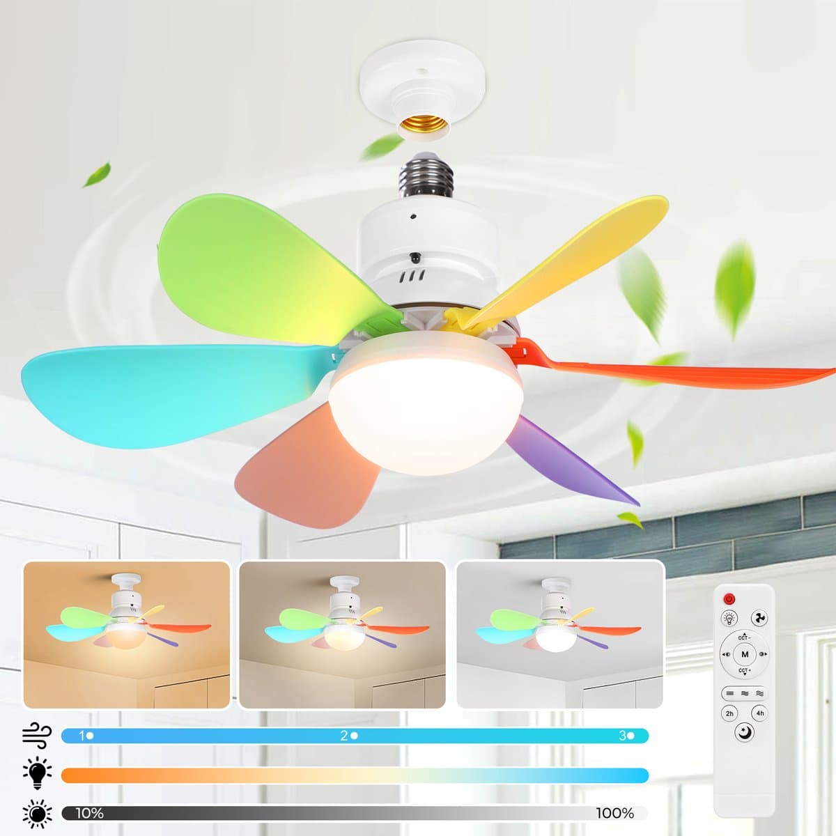 MUPOO Plafondventilator met verlichting met Afstandsbediening - Ø52 cm - Dimbaar - 3 CCT Lichtkleuren - 3 Snelheden - Timer - Geheugenfunctie - E27 Fitting - Compact - Slaapkamer Keuken Woonkamer Garage (Multicolor) — afbeelding 1