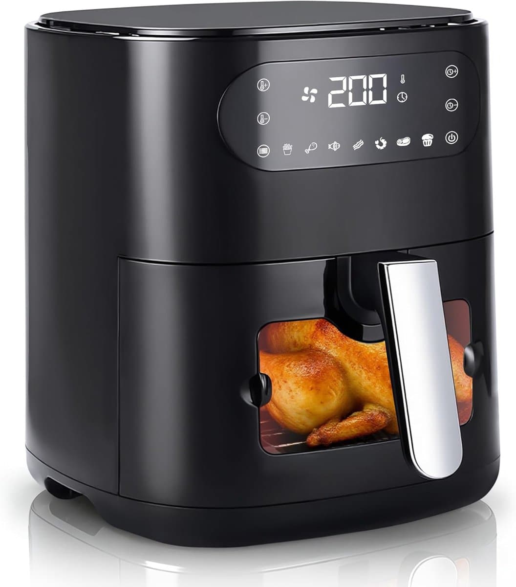 Glitzerlife - Airfryer Heteluchtfriteuse Friteuse - 6L kijkvenster 7 programma's - 11 functies touchscreen timer - 10 x bakpapier voor familiekeuken - 1500W stille anti-aanbak gezinskeuken - Zwart — afbeelding 1
