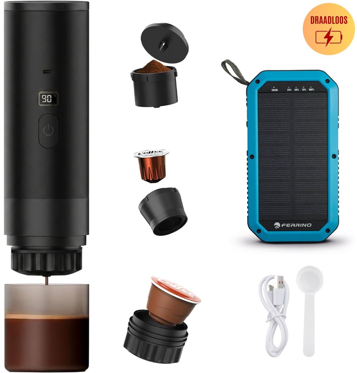 Best Active - 3-in-1 Draagbare Koffiemachine - Inclusief 10.000 mAh Solar Powerbank - Draagbaar Koffiezetapparaat - Cups en Gemalen Koffie - Draagbaar en Oplaadbaar - Espressomachine - Zwart — afbeelding 1