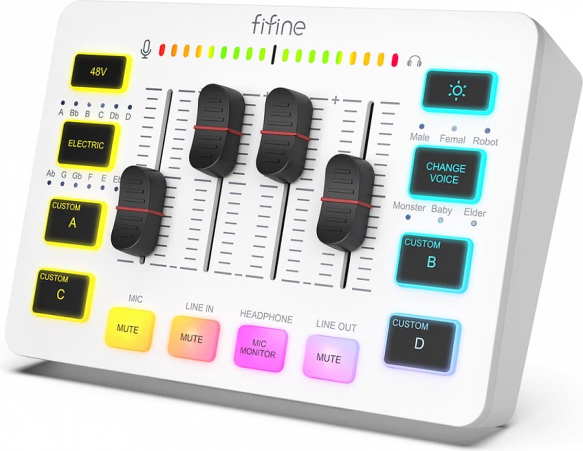 FIFINE - SC3 - Wit - Streaming Deck - DJ Mixer - Gaming Mixer - Podcast / Stream / Gaming - XLR Aansluiting - Line-in - Voice Changer — afbeelding 1
