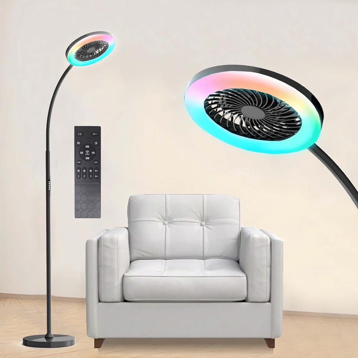Rosnek Staande Lampen met Ventilator - 183cm Stille 2-in-1 Staande Ventilatorlamp – 1500 Lumen LED - 3 Snelheden, 12W RGB + Afstandsbediening – 360° Zwanenhalsrotatie Staande Lampen - Ideaal voor Slaapkamer/Kantoor(Zwart) — afbeelding 1