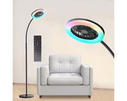 Rosnek Staande Lampen met Ventilator - 183cm Stille 2-in-1 Staande Ventilatorlamp – 1500 Lumen LED - 3 Snelheden, 12W RGB + Afstandsbediening – 360° Zwanenhalsrotatie Staande Lampen - Ideaal voor Slaapkamer/Kantoor(Zwart)
