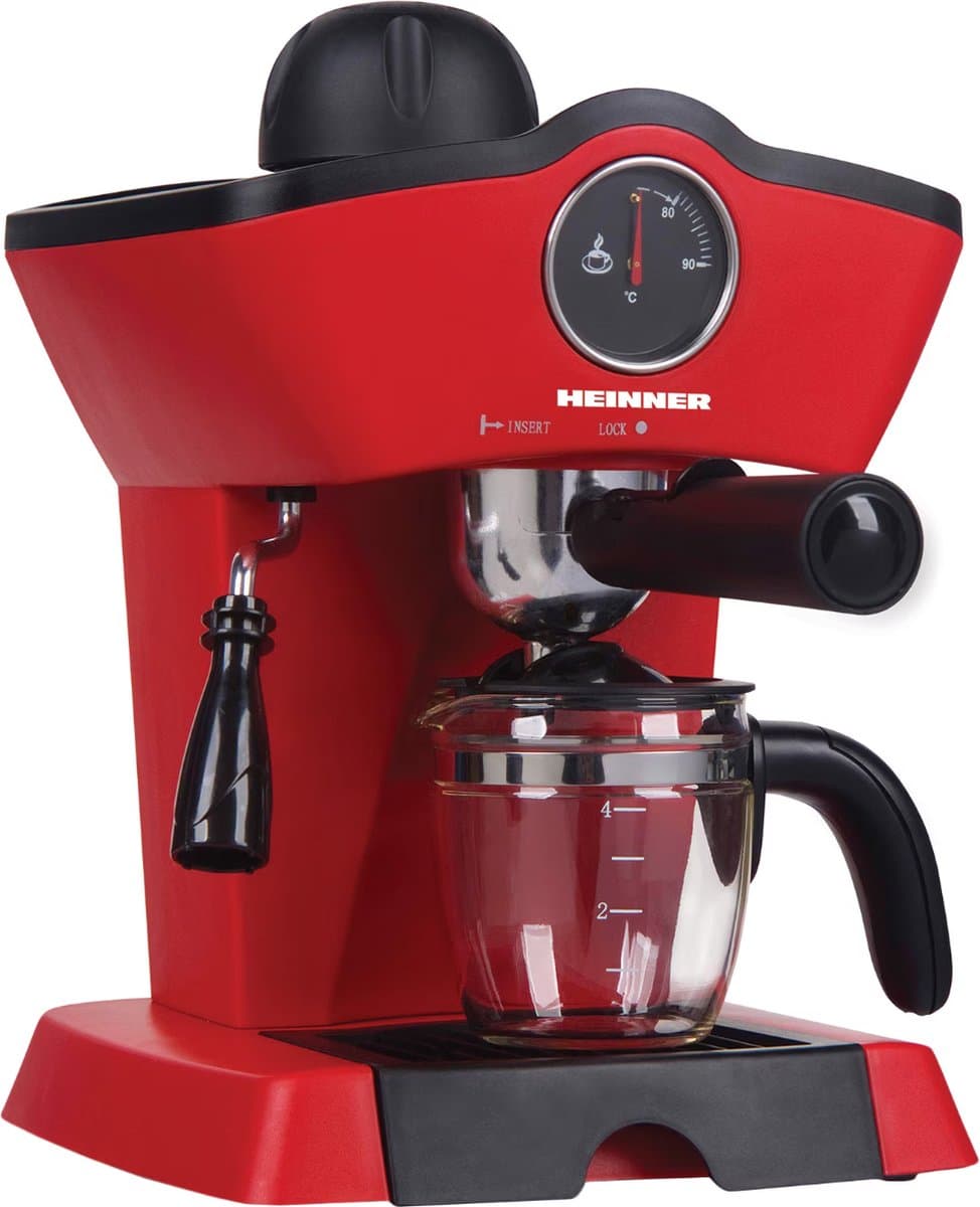 Heinner Retro Effect Espressomachine – 800W – 250 ml Capaciteit – 3,5 bar – Espresso & Cappuccino – Melkopschuimer – Frontale Thermometer – Filter voor 4 Kopjes – Rood — afbeelding 1
