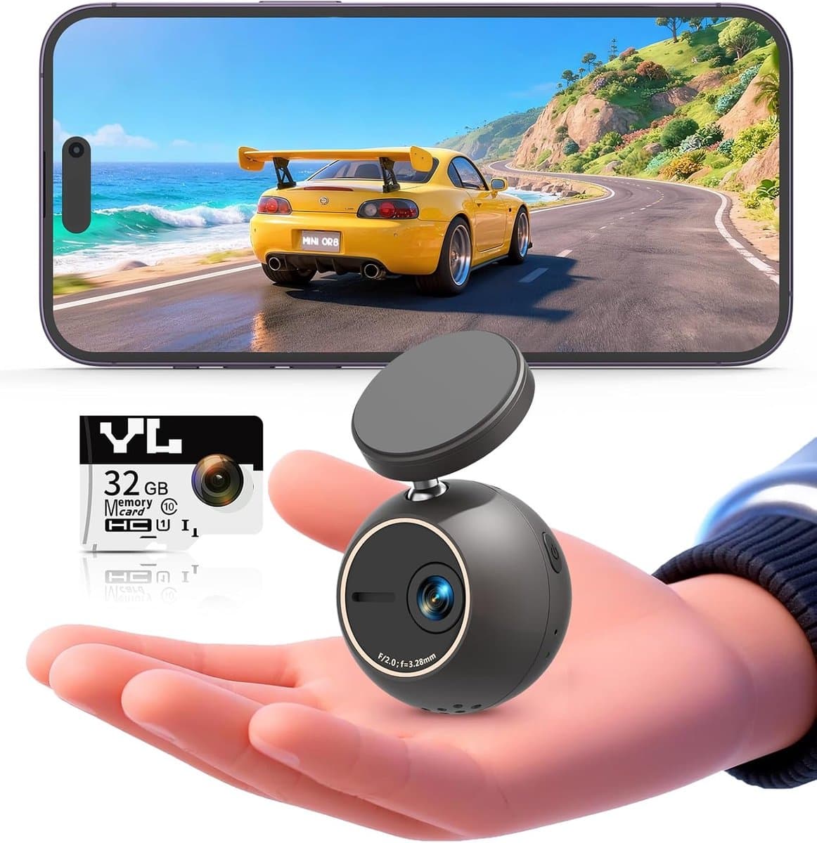 2K Dash Cam, Mini Sferische Camera met Spraakbesturing & Wifi | 360° Roteerbaar, 32G TF-kaart Inbegrepen, G-Sensor & Continu Opnemen, NightEagle Engine, 24H Parkeerbewaking — afbeelding 1