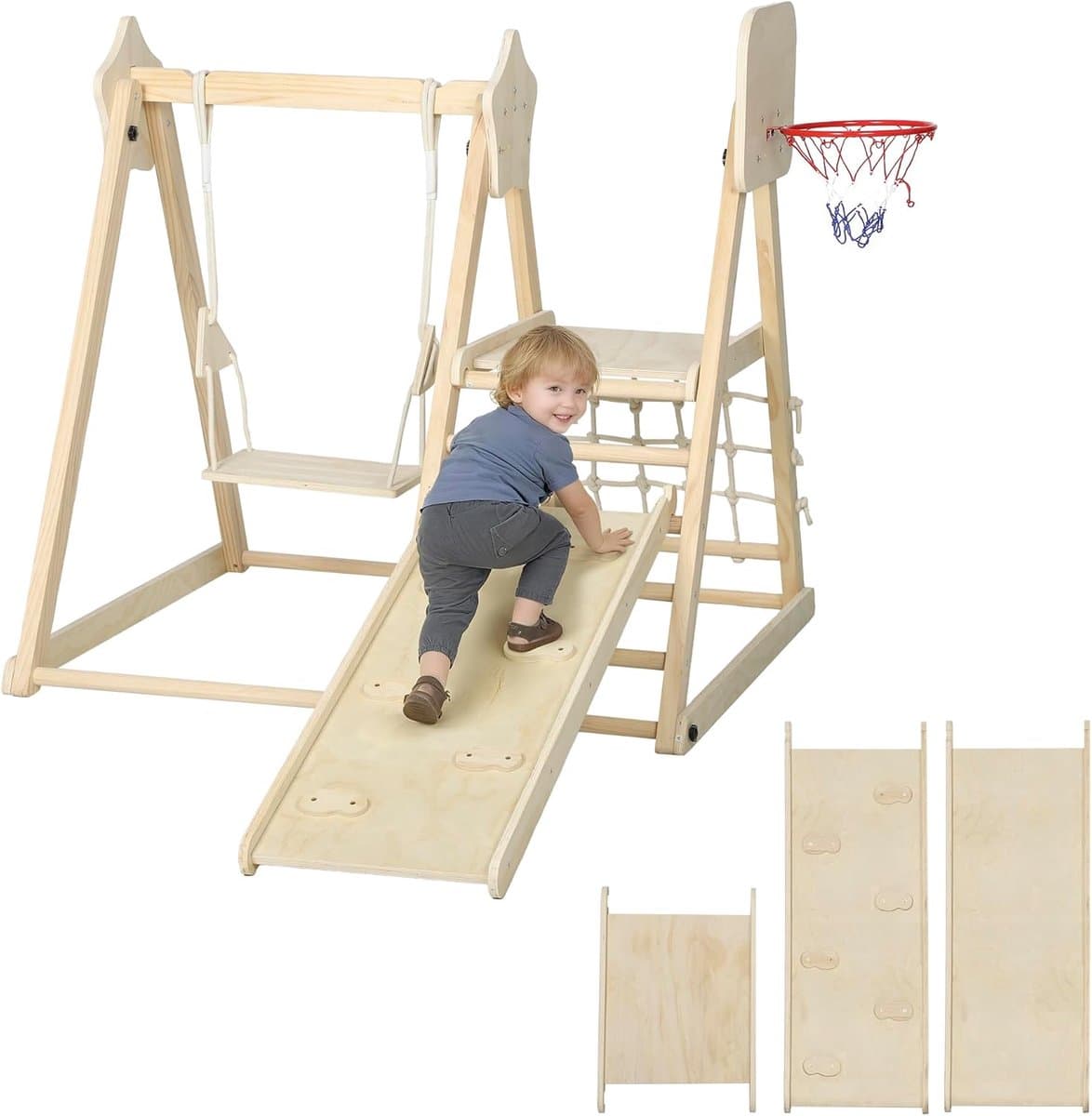 5-in-1 Montessori Indoor Houten Klimdriehoek met Glijbaan, Schommel, Klimnet en -bord, Basketbalring, Opvouwbaar Speelplaats voor Kinderen van 3-6 Jaar, Natuur — afbeelding 1