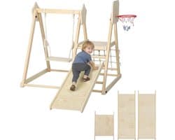 5-in-1 Montessori Indoor Houten Klimdriehoek met Glijbaan, Schommel, Klimnet en -bord, Basketbalring, Opvouwbaar Speelplaats voor Kinderen van 3-6 Jaar, Natuur