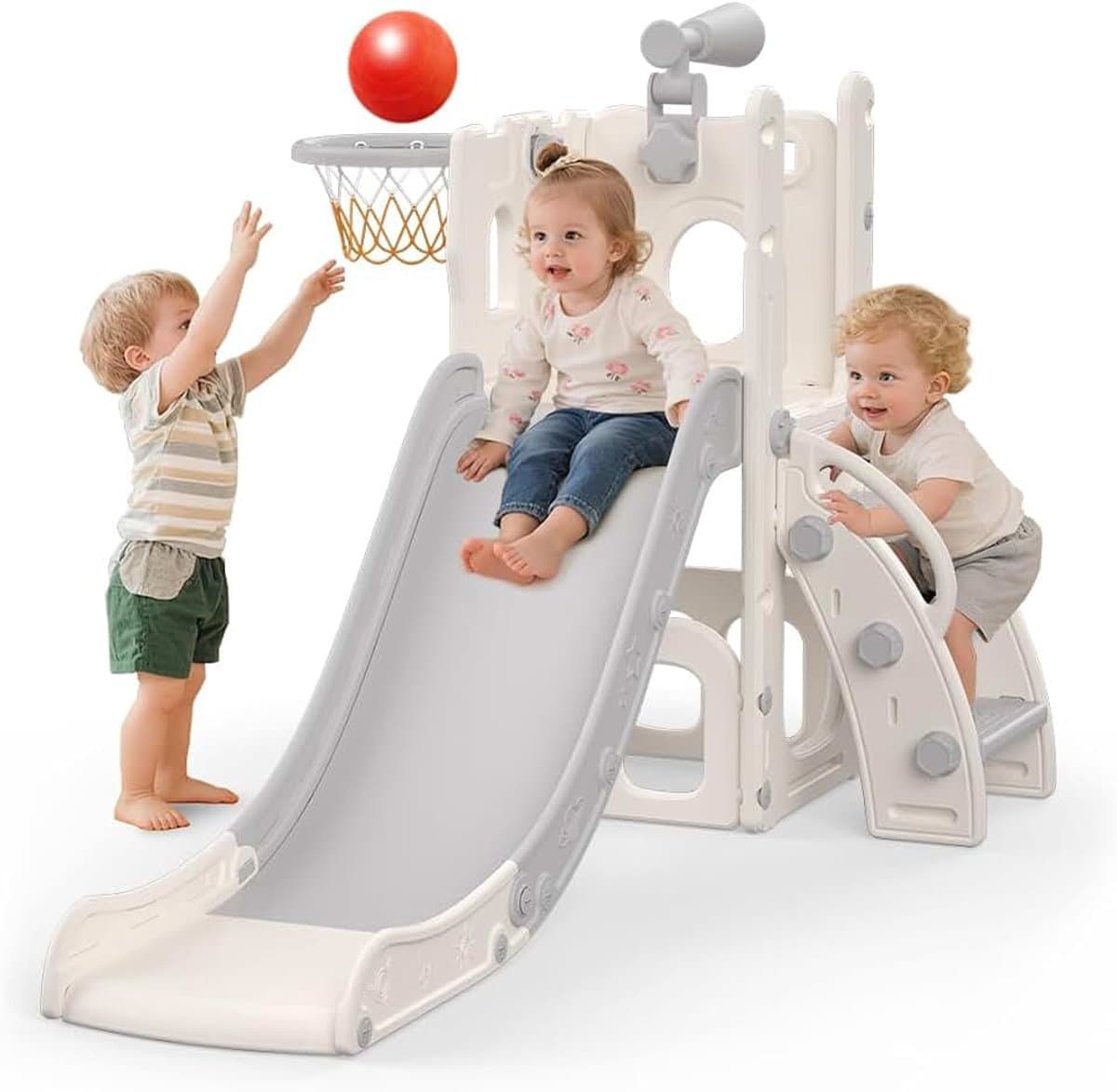 5-in-1 glijbaan voor kinderen, voor binnen en buiten, speelplaats voor kinderen met basketbalmand, opbergruimte en telescoop, speelplaats voor kinderen vanaf 1 jaar, grijs — afbeelding 1