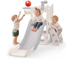 5-in-1 glijbaan voor kinderen, voor binnen en buiten, speelplaats voor kinderen met basketbalmand, opbergruimte en telescoop, speelplaats voor kinderen vanaf 1 jaar, grijs
