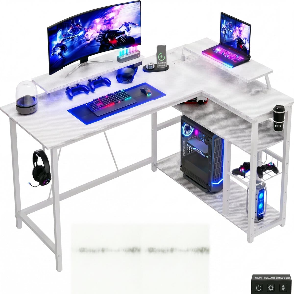 Devoko L-vormig Bureau 140x50/80x75 cm - Gaming Hoekbureau met Stopcontact, 2 USB-poorten en LED Lichtstrip - 100 kg Draagvermogen - Bekerhouder en Haak - witte carbon look — afbeelding 1