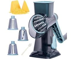 Kaasrasp Roterend - Groentesnijder Keuken - Maaltijden Bereiden - Sterke Zuigvoet - 3 Trommels - Blauw