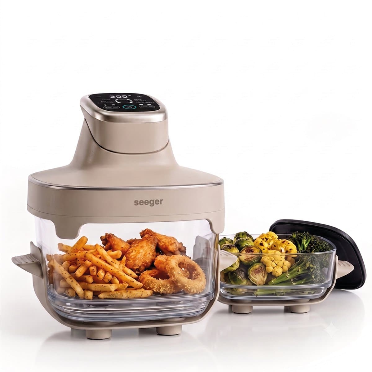 Seeger ClearFry Glazen Airfryer - 6 Programma's - PFAS-Vrij - 60°C Tot 200°C - 2.5L + 4.5L Glazen Containers - Beige — afbeelding 1