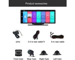 Dashcam voor Auto - 10.26" 4G Android 9 Dashcam - 360° Panoramisch Beeld - GPS Navigatie - 4G Camera - ADAS Rijhulp - WiFi - Parkeermodus - G-Sensor - Loop Recording - Zwart