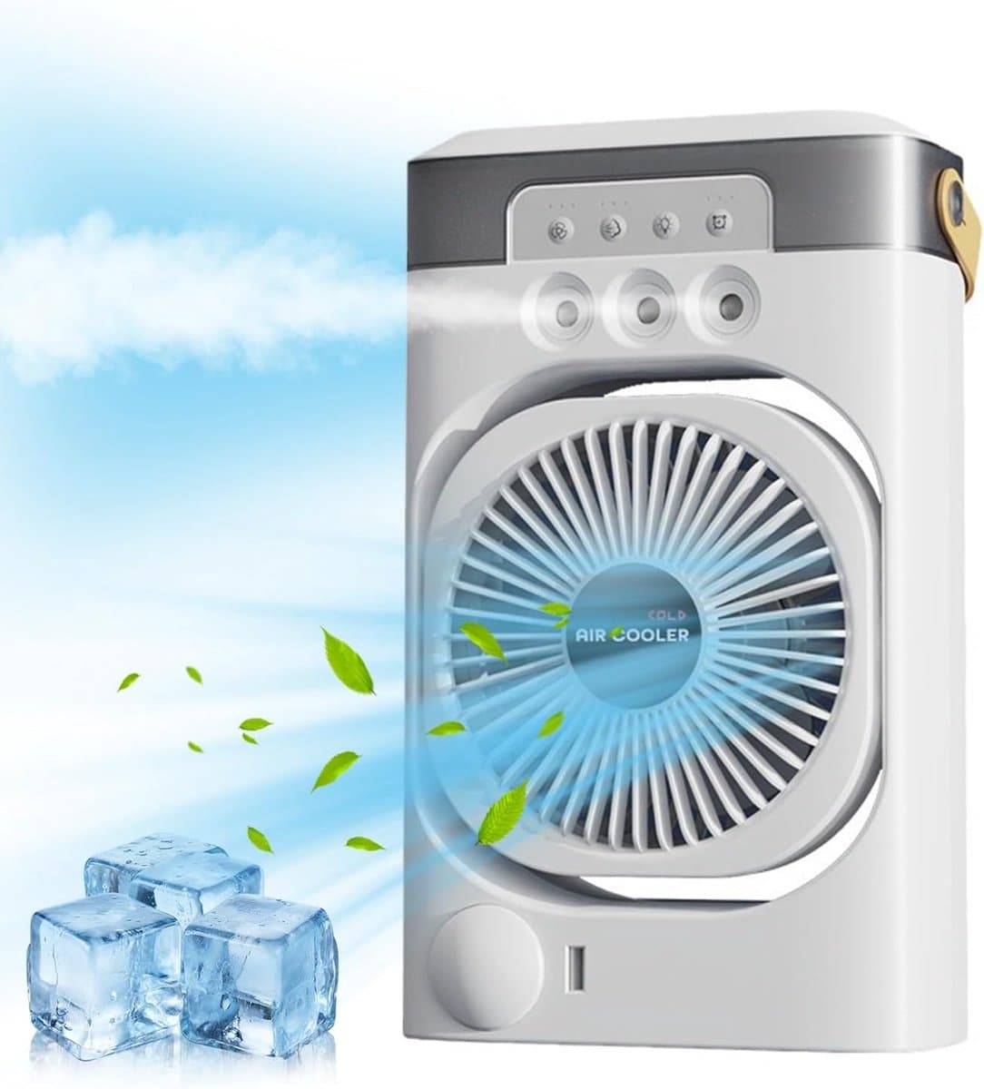Draagbare water-ijsblokjesventilator, 3-in-1 mini-verdampingsventilator met led, timer, 3 windsnelheden, 3 sproeimodi voor thuis, kantoor en slaapkamer — afbeelding 1